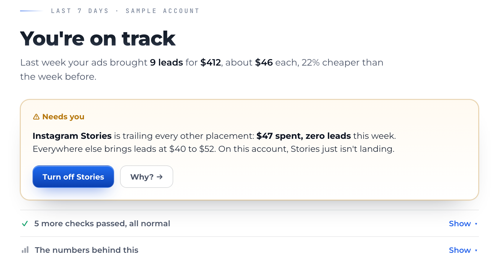 AdPilot dashboard: the week's result, then the one thing that needs the owner, with the fix on a button